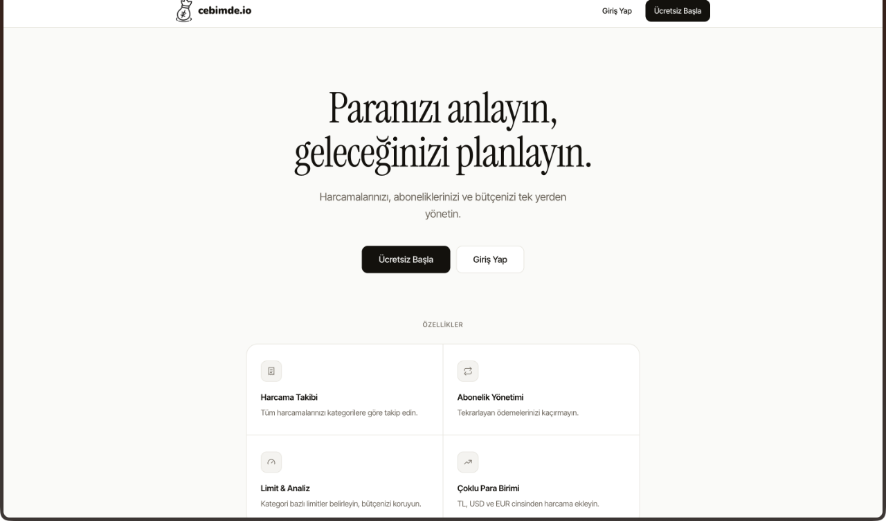 The cebimde.io home page, in Turkish: the line “Paranızı anlayın, geleceğinizi planlayın” above four feature cards — expense tracking, subscriptions, limits and analysis, and multi-currency.