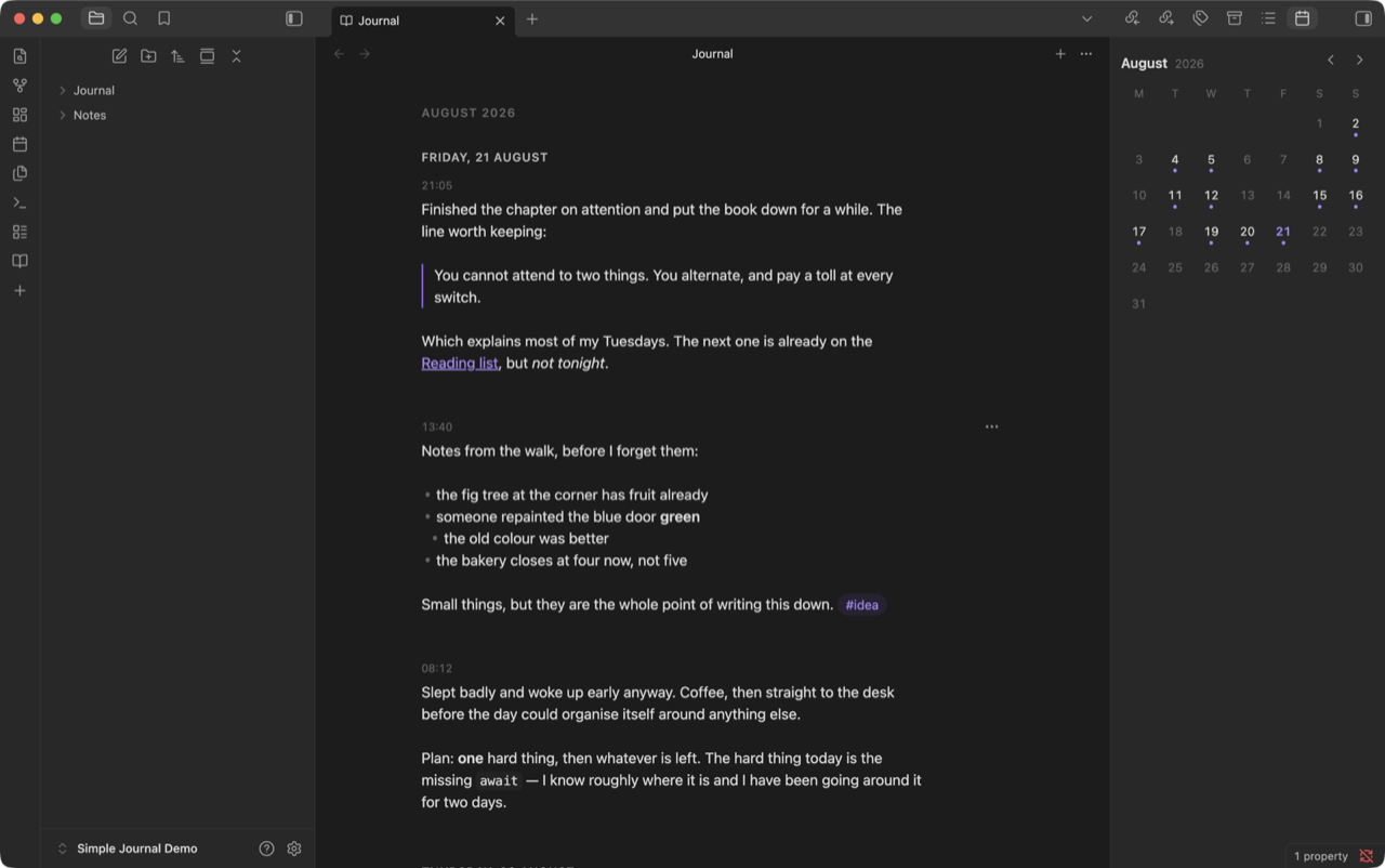 The Simple Journal timeline in Obsidian's dark theme: a day heading reading Friday, 21 August, then three entries labelled only 21:05, 13:40 and 08:12, each with its text. A month calendar in the sidebar marks the days that hold entries.